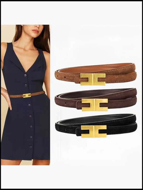Skinny Suede Belt with Shiny Gold Buckle for Jeans Dresses